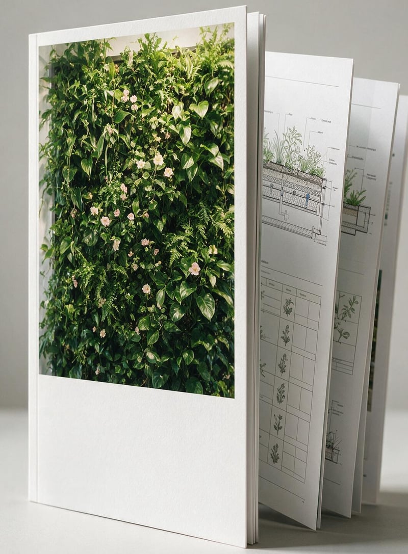 Voorbeeld van het technische dossier: omslag met een levende wand en binnenpagina's met doorsnedes en plantenschema's.